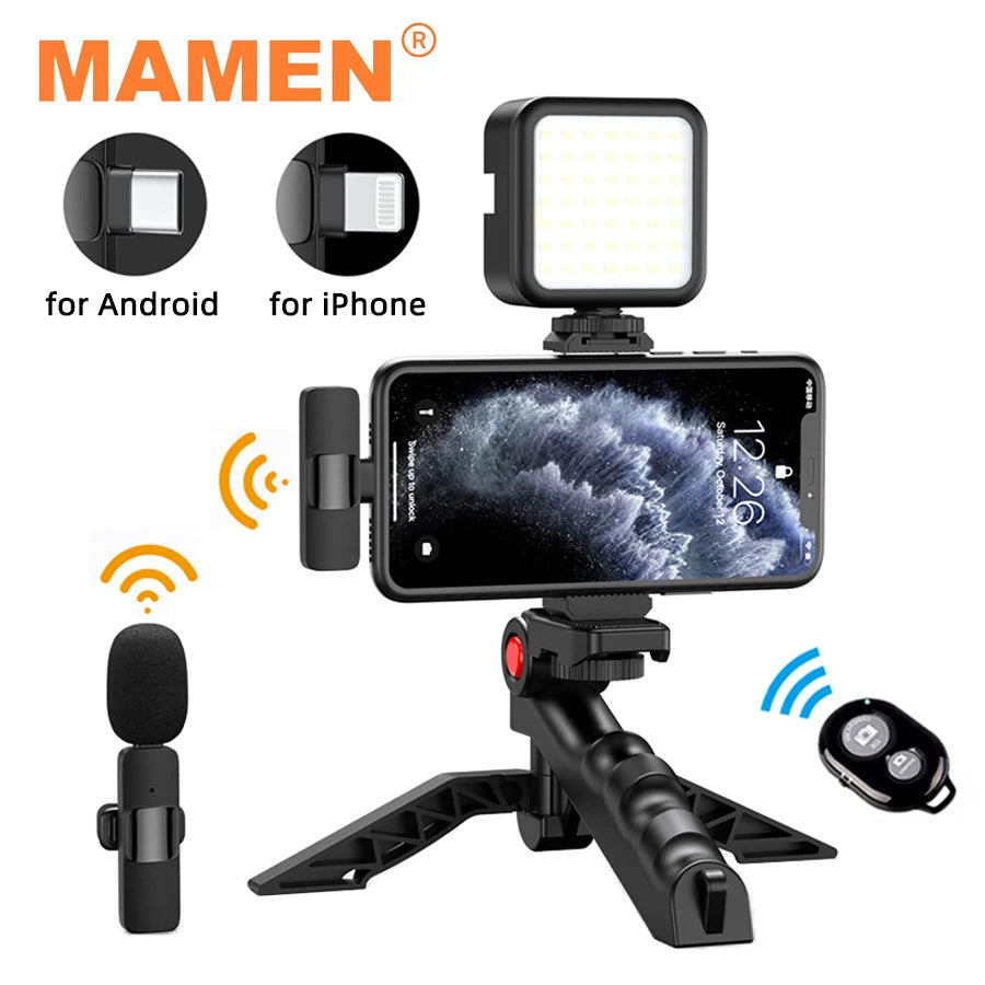 eprolo MAMEN wireless vlogging kit with phone tripod, lavalier mic, LED light for iPhone and Android live streaming.