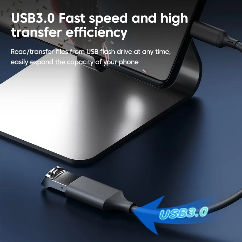 eprolo OTG Type-C to USB 3.0 adapter cable for computer expansion, showing the compact converter connected to devices.