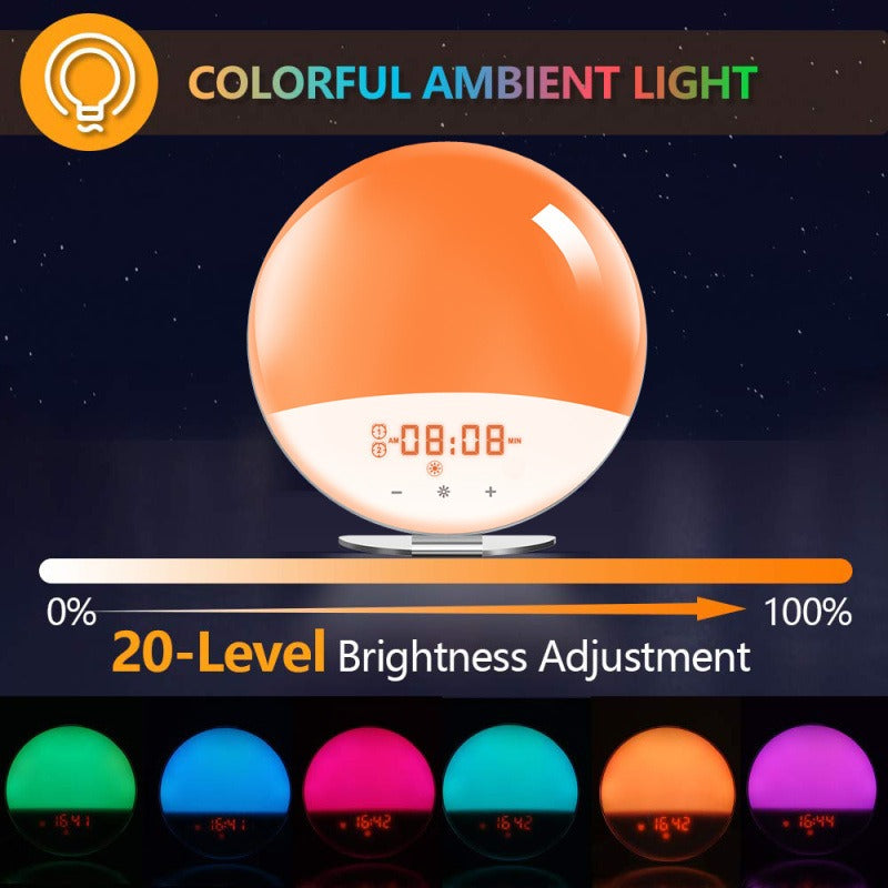 Eprolo FM radio smart alarm clock with sunrise and sunset simulation, colorful atmosphere lights, and sleep and wake-up lighting features.