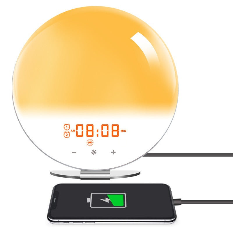Eprolo FM radio smart alarm clock with sunrise and sunset simulation, colorful atmosphere lights, and digital display.