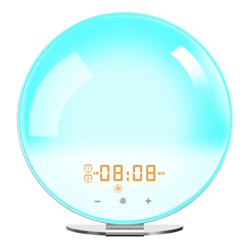 Eprolo FM radio smart alarm clock with sunrise and sunset simulation, colorful atmosphere lights, and digital display.