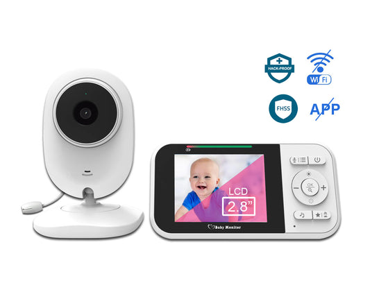 Eprolo 2.8-inch baby monitor display showing camera feed with controls for monitoring and baby surveillance.