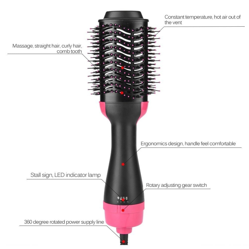 eprolo 2-in-1 hair dryer volumizer with rotating hot brush for styling and drying hair, black and pink color, close-up image