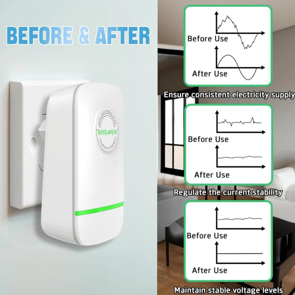 eprolo Smart Home Power Saver energy-saving device plugged into an outlet for reducing electricity consumption.