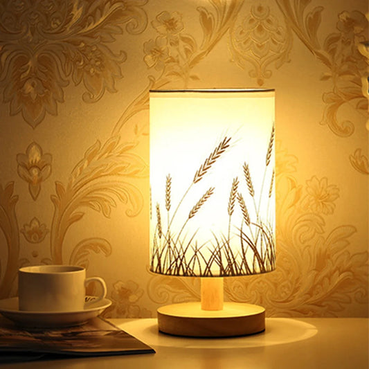Eprolo linen table lamp with warm white LED light, USB powered wooden nightstand lamp, soft fabric shade for cozy lighting.