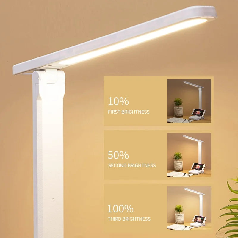 Eprolo LED desk lamp with touch dimming, color adjustment, and built-in charging port for bedside or reading use.