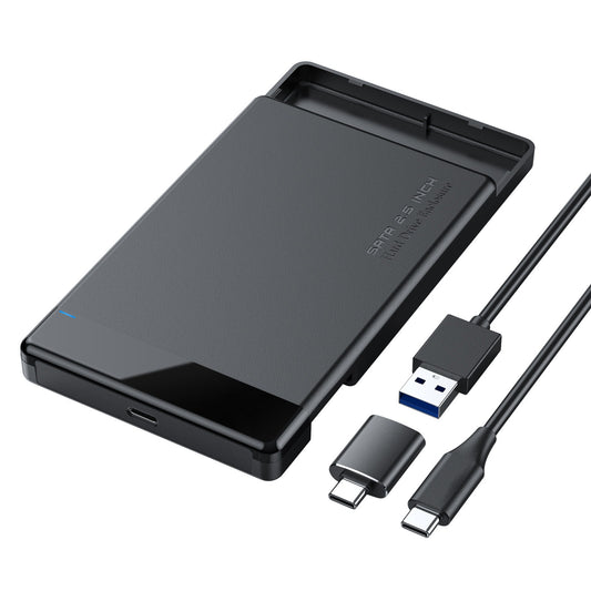 Eprolo 2.5-inch SATA portable hard drive enclosure with USB 3.0, black protective case for data storage and transport.