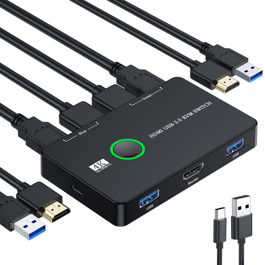 eprolo USB 3.0 HDMI KVM switch for sharing keyboard, mouse, printer, and monitor between two computers.