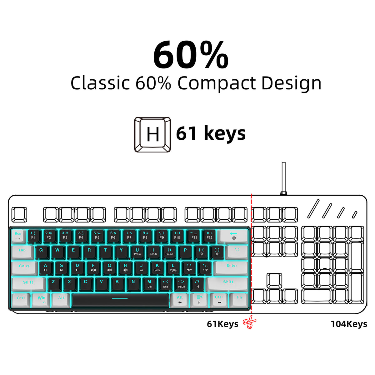 Eprolo 61-key mechanical gaming keyboard with black and white dual-splice design, ice blue backlit keys, and blue switches.