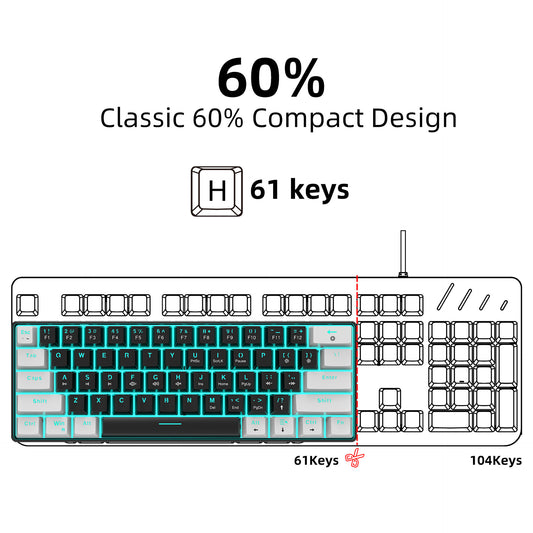 Eprolo 61-key mechanical gaming keyboard with black and white dual-splice design, ice blue backlit keys, and blue switches.