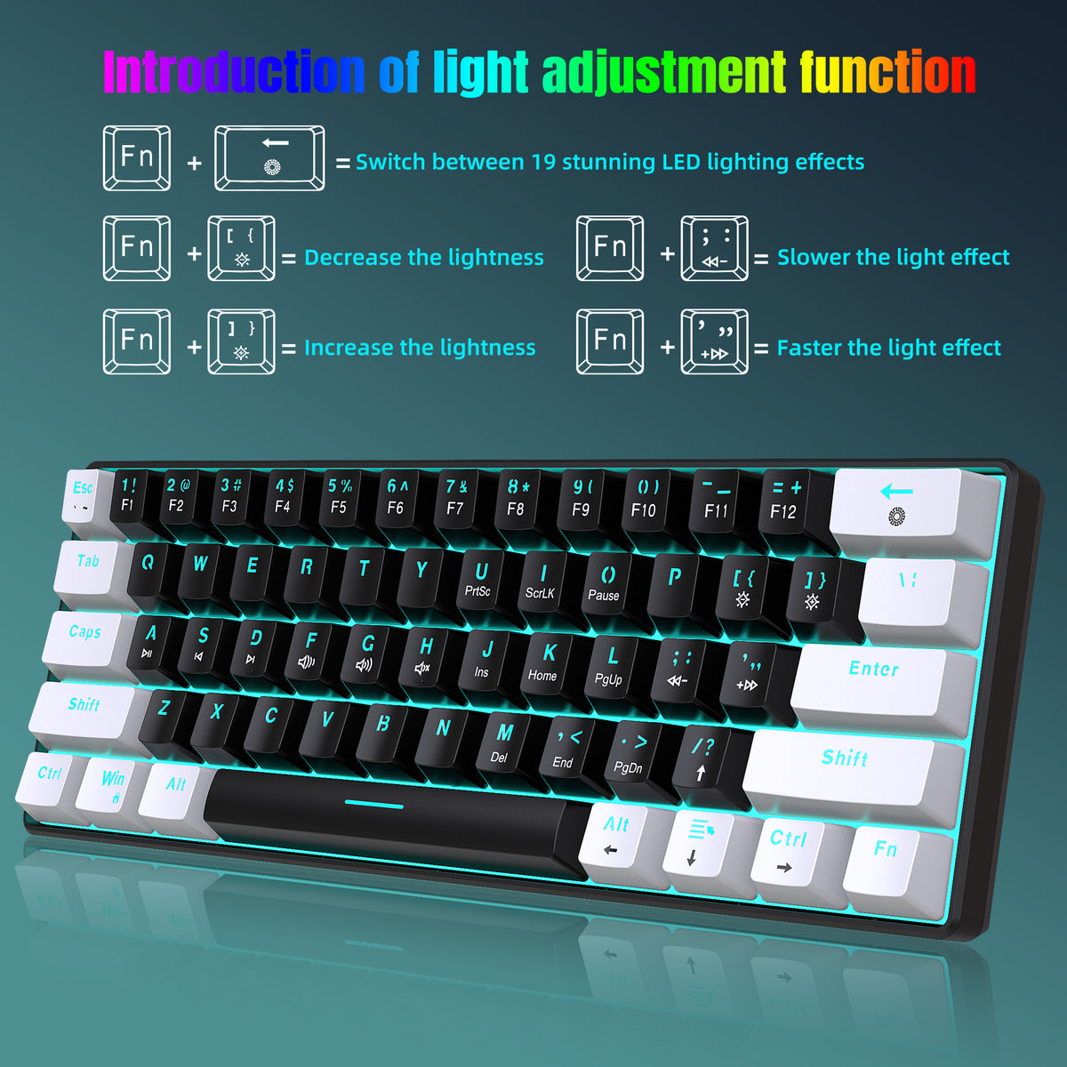 Eprolo 61-key mechanical gaming keyboard with black and white dual splicing design, ice blue backlit keys, blue switches for office or gaming