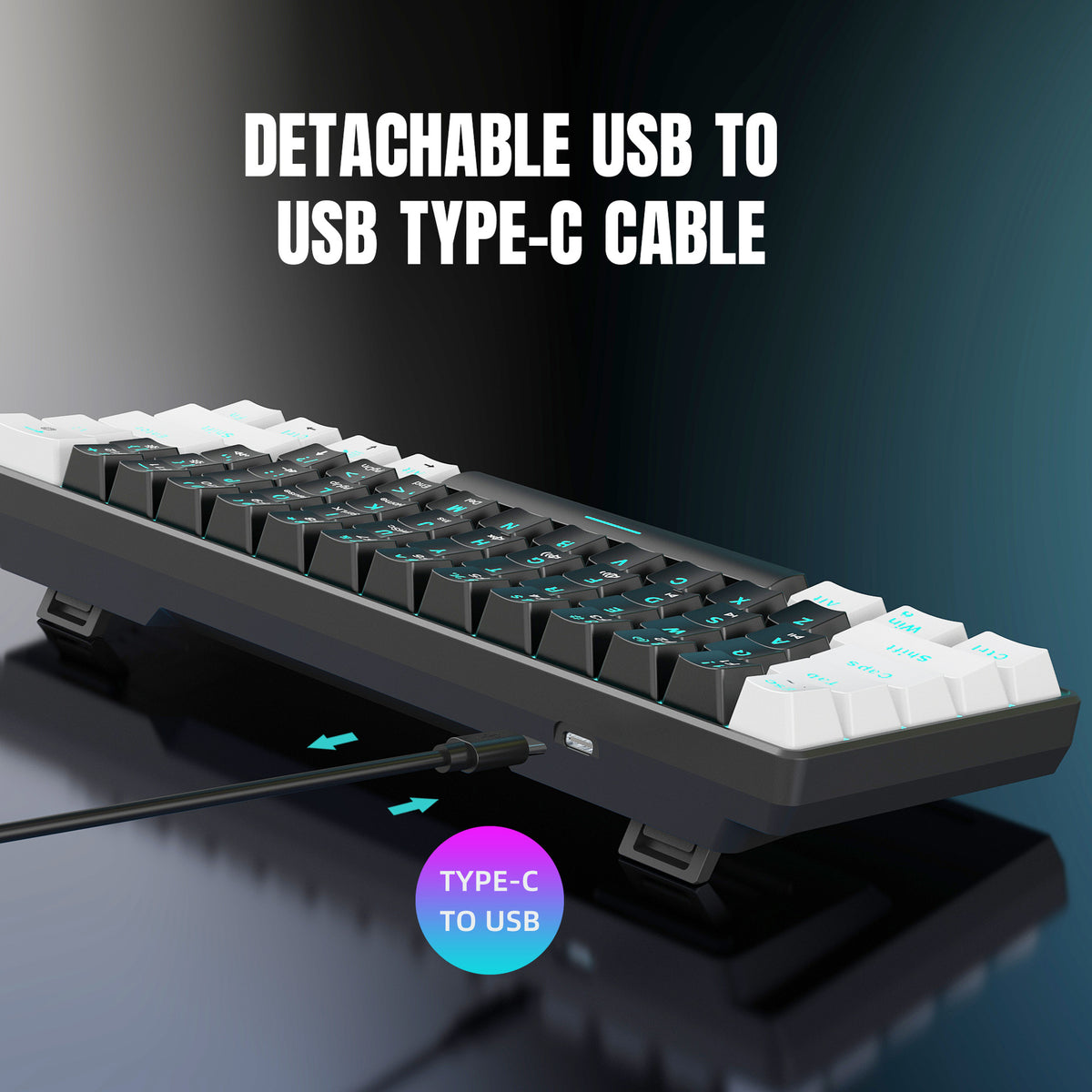 Eprolo 61-key mechanical gaming keyboard with black and white dual-splice design, ice blue backlit keys, blue switches, compact style.