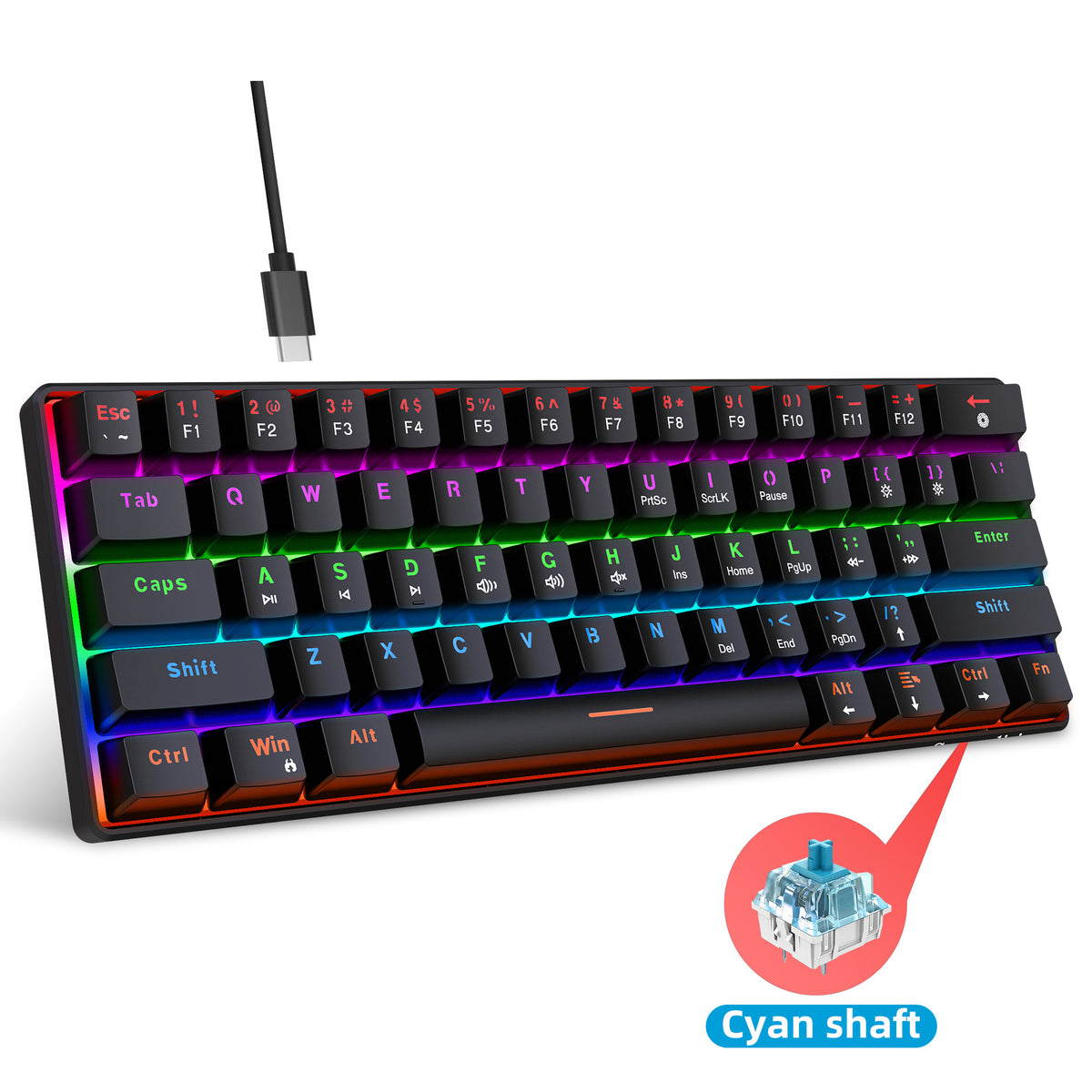 Eprolo 61-key mechanical keyboard with black and white dual splicing design, ice blue backlit keys, blue switches, compact office typing.