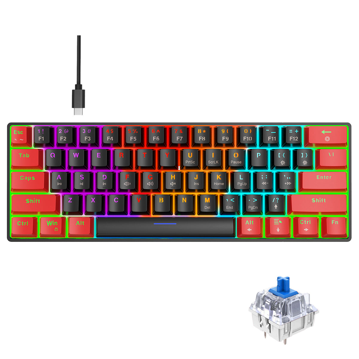 Eprolo 61-key mechanical gaming keyboard with black and white dual splicing, ice blue backlight, blue switches, compact office design