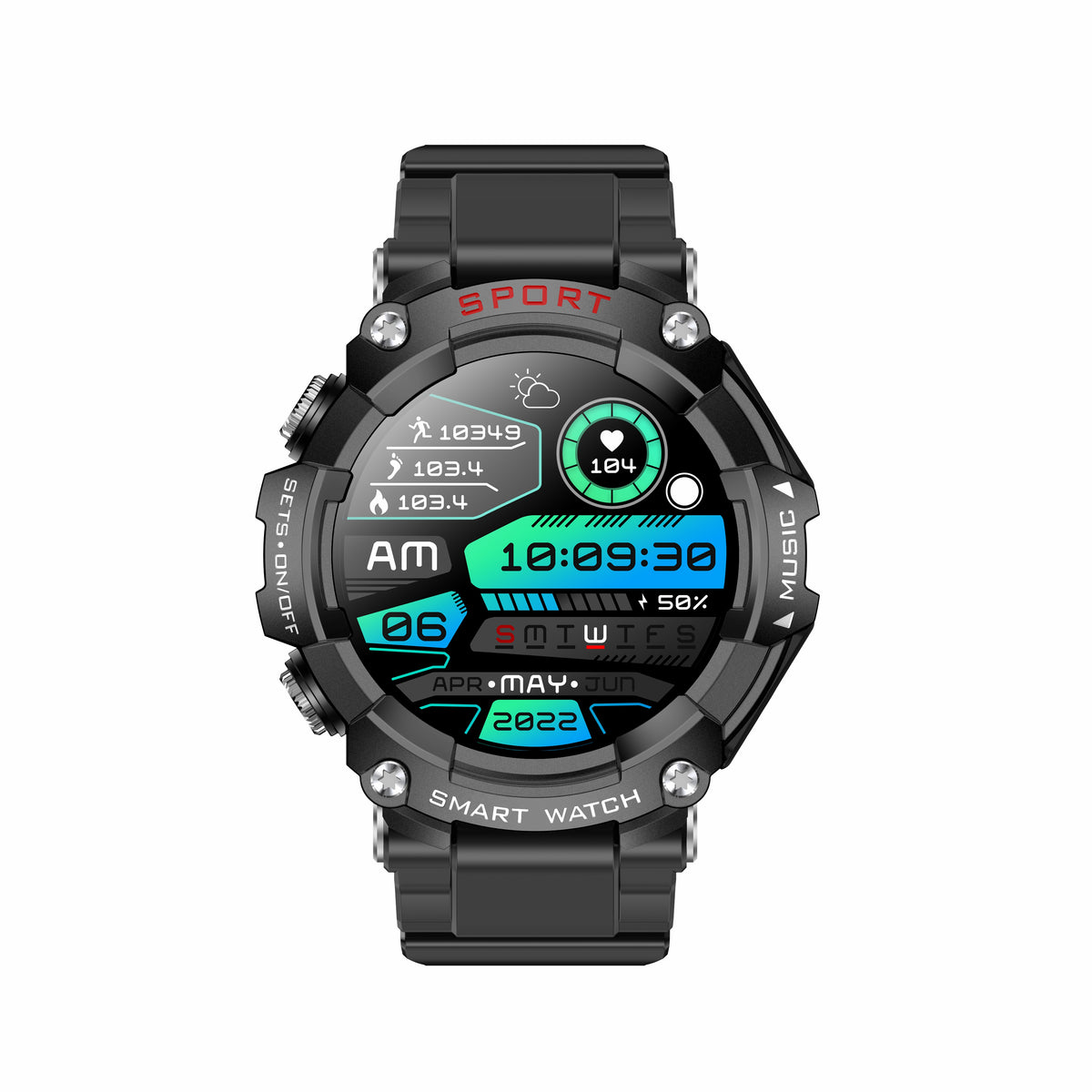 eprolo T96 Smart Watch with vinyl strap featuring Bluetooth TWS 2-in-1, HD call recording, local playback, and health monitoring.