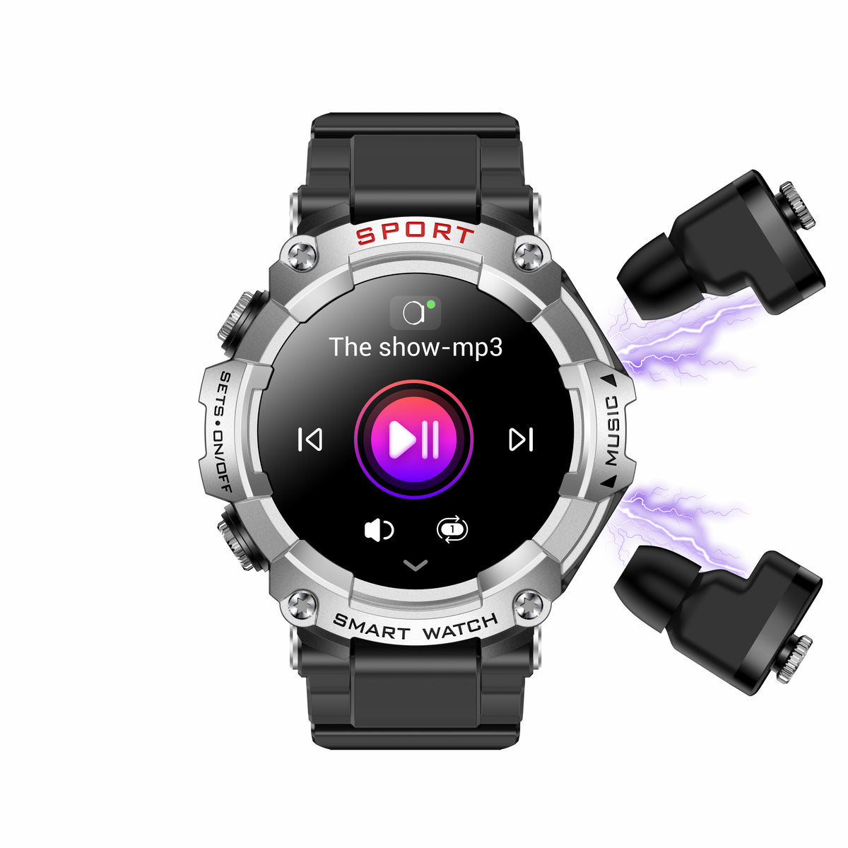 Eprolo T96 Smart Watch with vinyl strap, TWS 2-in-1 Bluetooth, HD call recording, local playback, and health monitoring features.