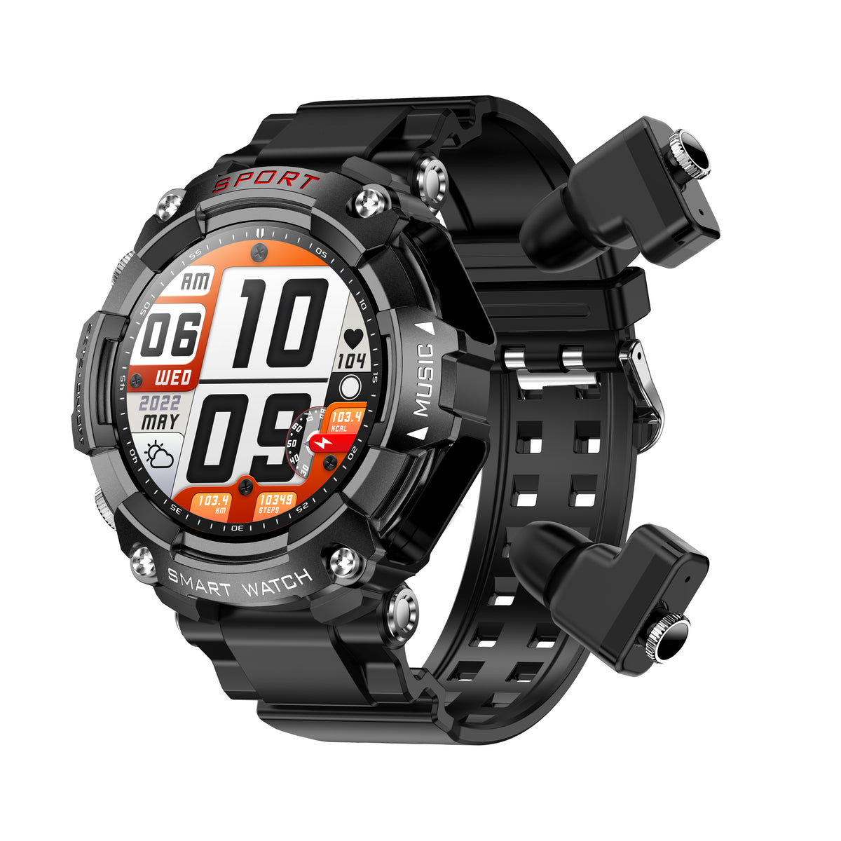 eprolo T96 Smart Watch with vinyl strap displaying health monitoring, Bluetooth call, call recording, and local playback features
