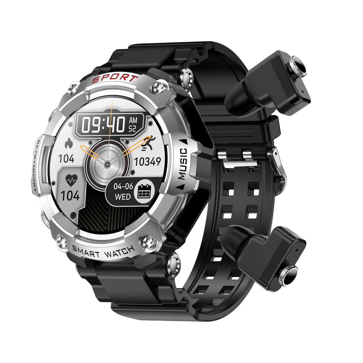 Eprolo T96 Smart Watch with vinyl strap, Bluetooth TWS 2-in-1, HD call recording, local playback, and health monitoring features.