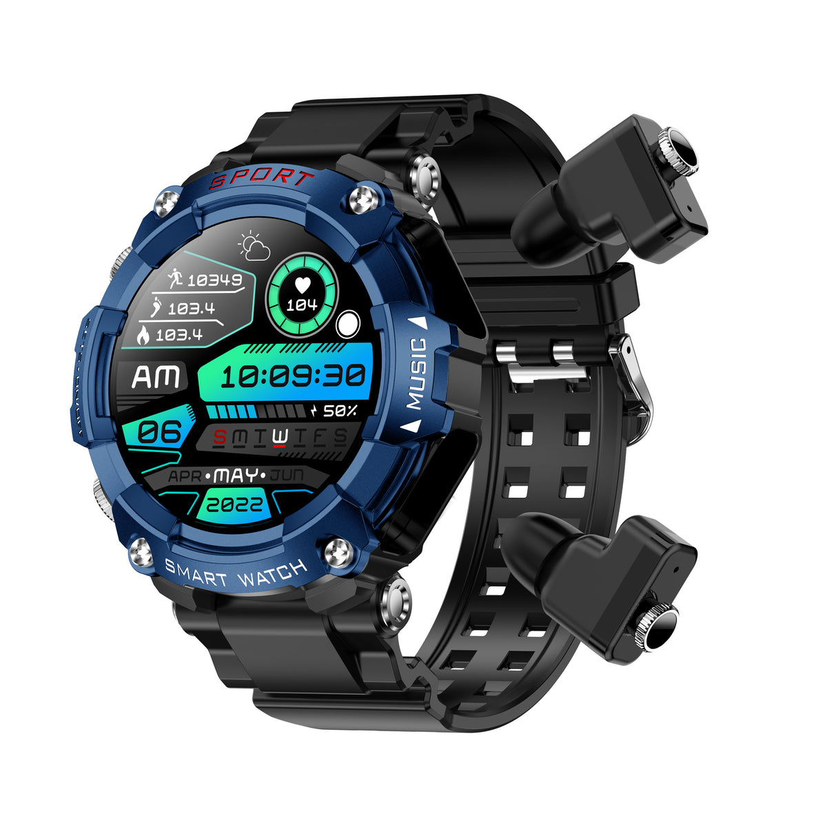Eprolo T96 Smart Watch with vinyl strap, Bluetooth TWS 2-in-1, HD call recording, local playback, and health monitoring features.