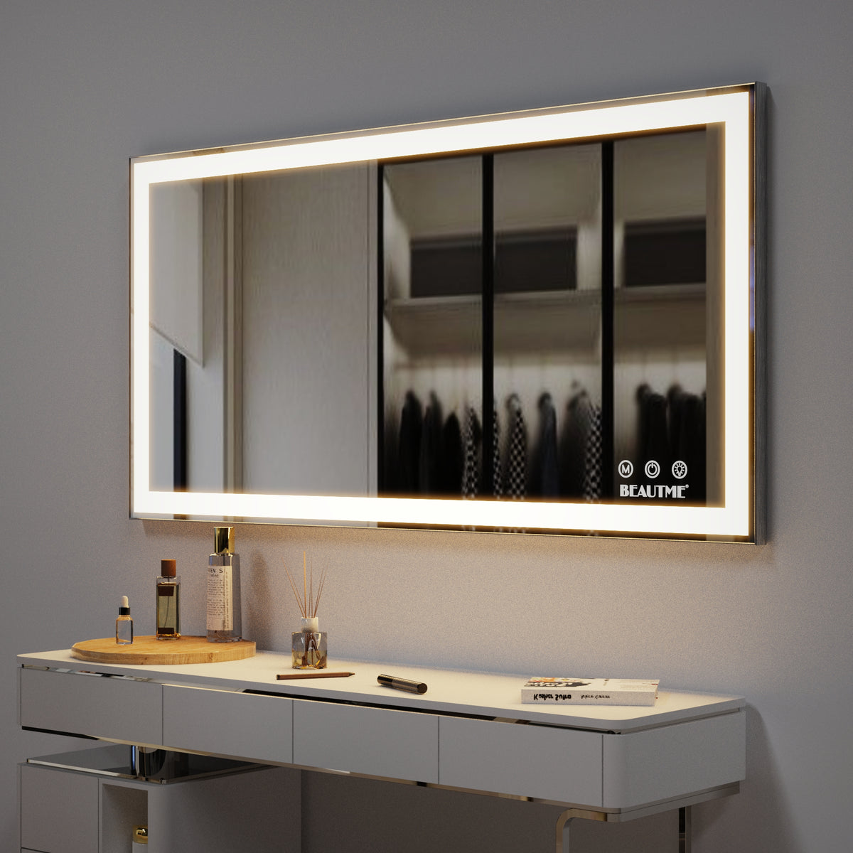 Eprolo 48x24 inch LED bathroom makeup mirror with adjustable lighting, anti-fog, touch switch, wall-mounted, and memory function