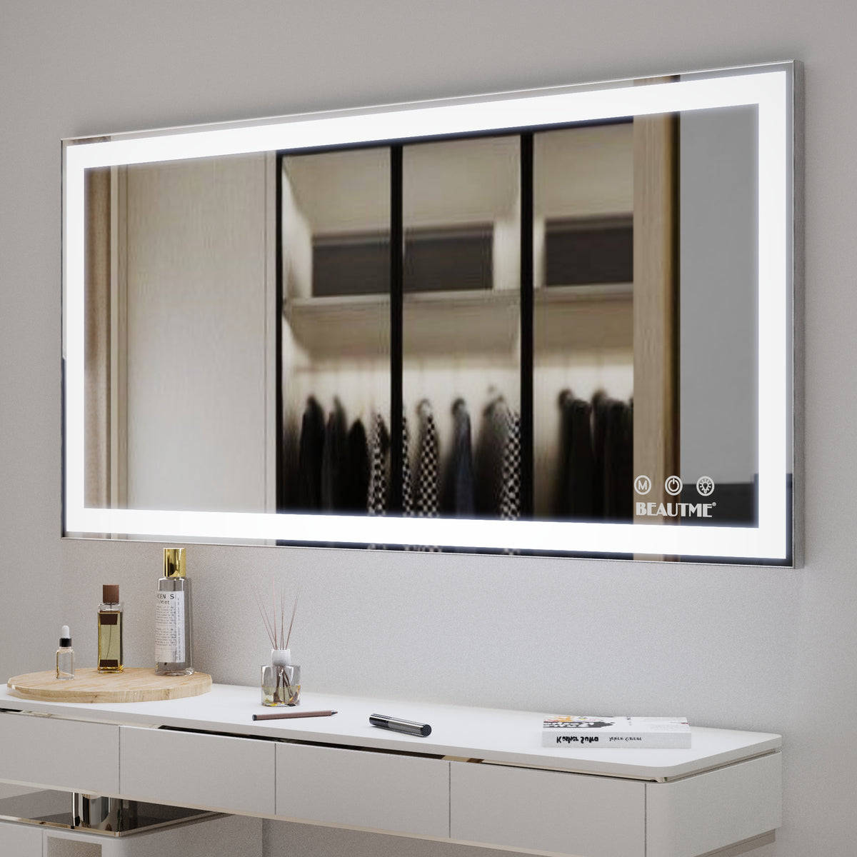 Eprolo 48x24 inch LED bathroom makeup mirror with adjustable lighting, anti-fog, touch switch, and memory function, wall mounted.