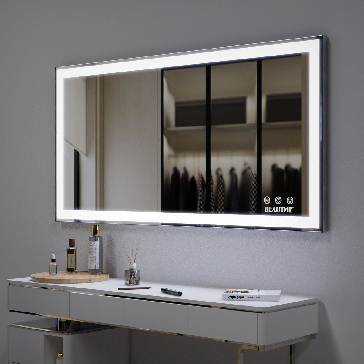 Eprolo 48x24 inch LED bathroom makeup mirror wall-mounted with adjustable lighting, anti-fog, touch switch, and memory function.