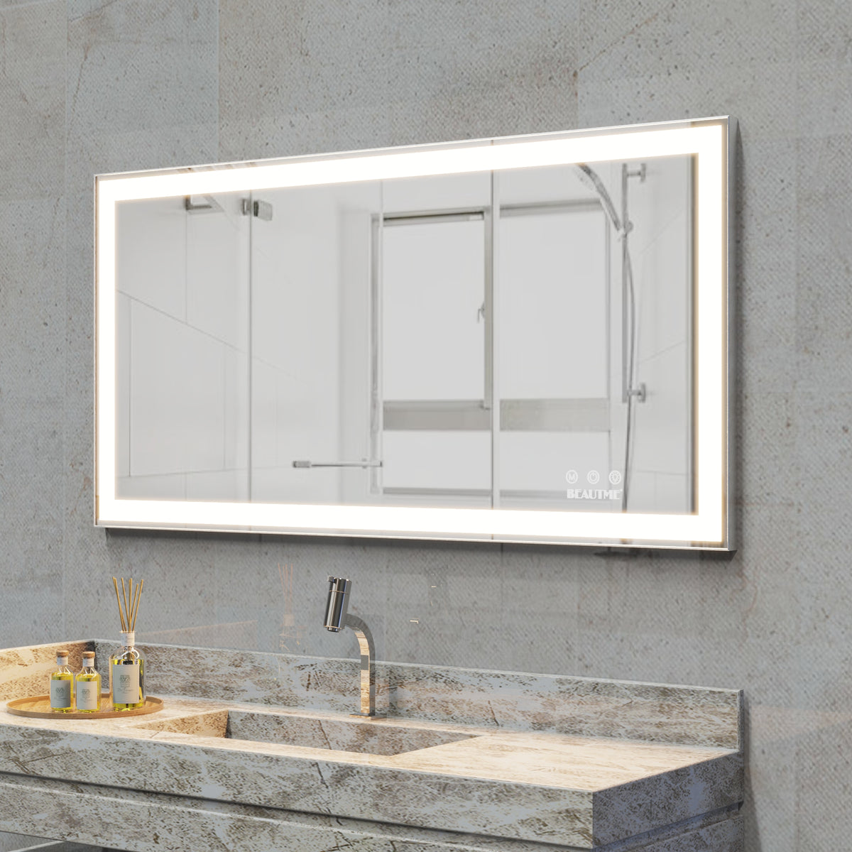 Eprolo 48x24 inch LED bathroom makeup mirror wall-mounted with adjustable light, touch switch, anti-fog, and memory function.