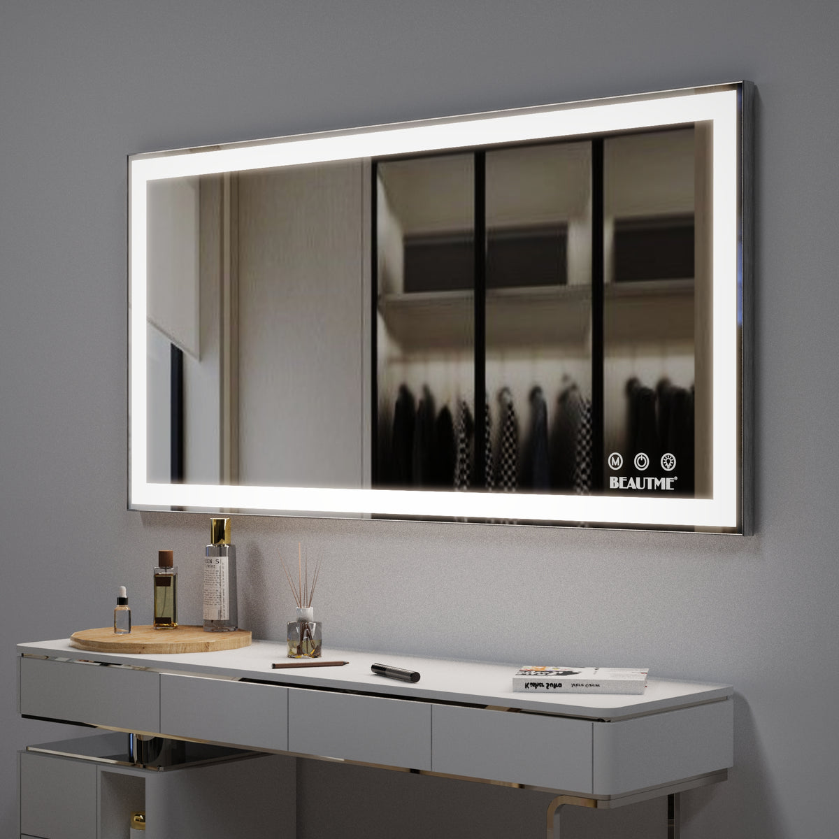 Eprolo 48x24 inch LED bathroom makeup mirror wall-mounted with adjustable light, anti-fog, touch switch, and memory function.