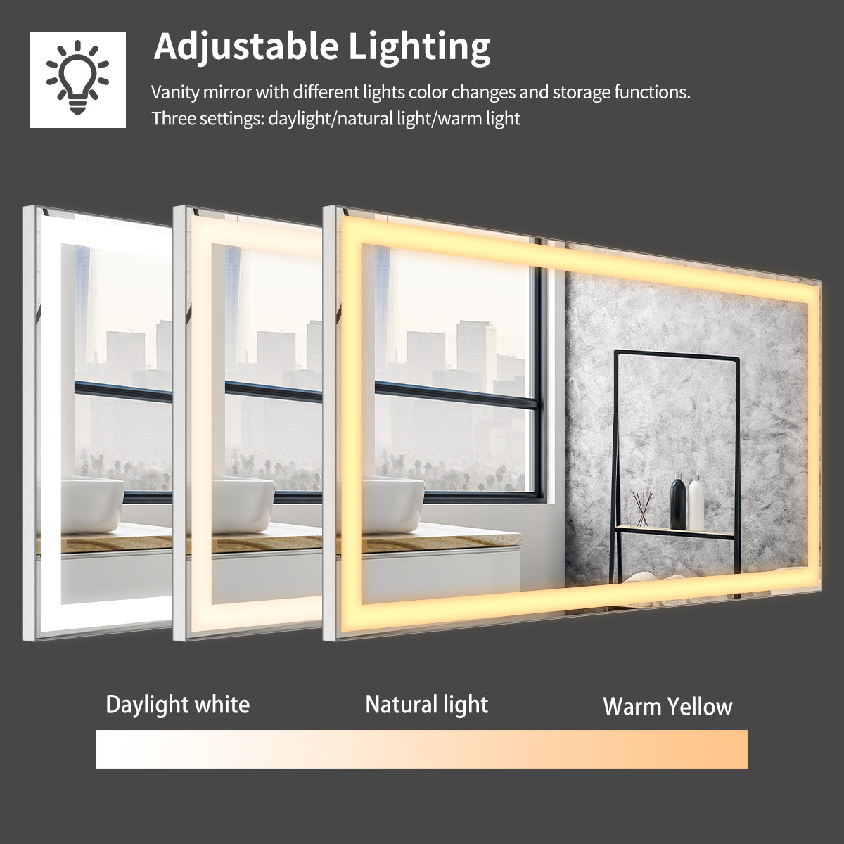 Eprolo 48x24 inch LED bathroom makeup mirror with adjustable lighting, anti-fog, touch switch, wall-mounted, and smart memory features.
