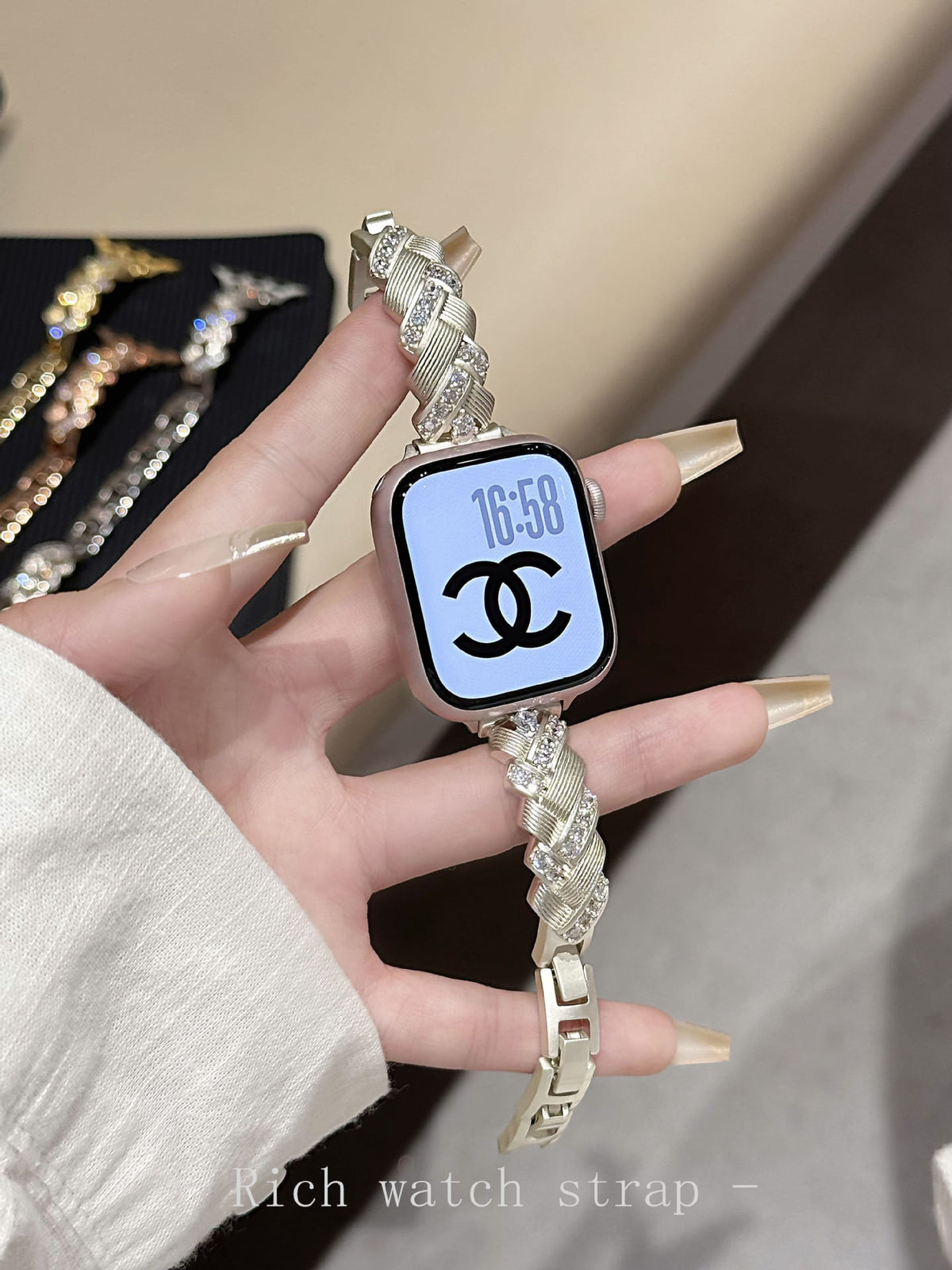 Diamond-encrusted metal starlight watch band for Apple Watch by eprolo, featuring wheat spike design for women.