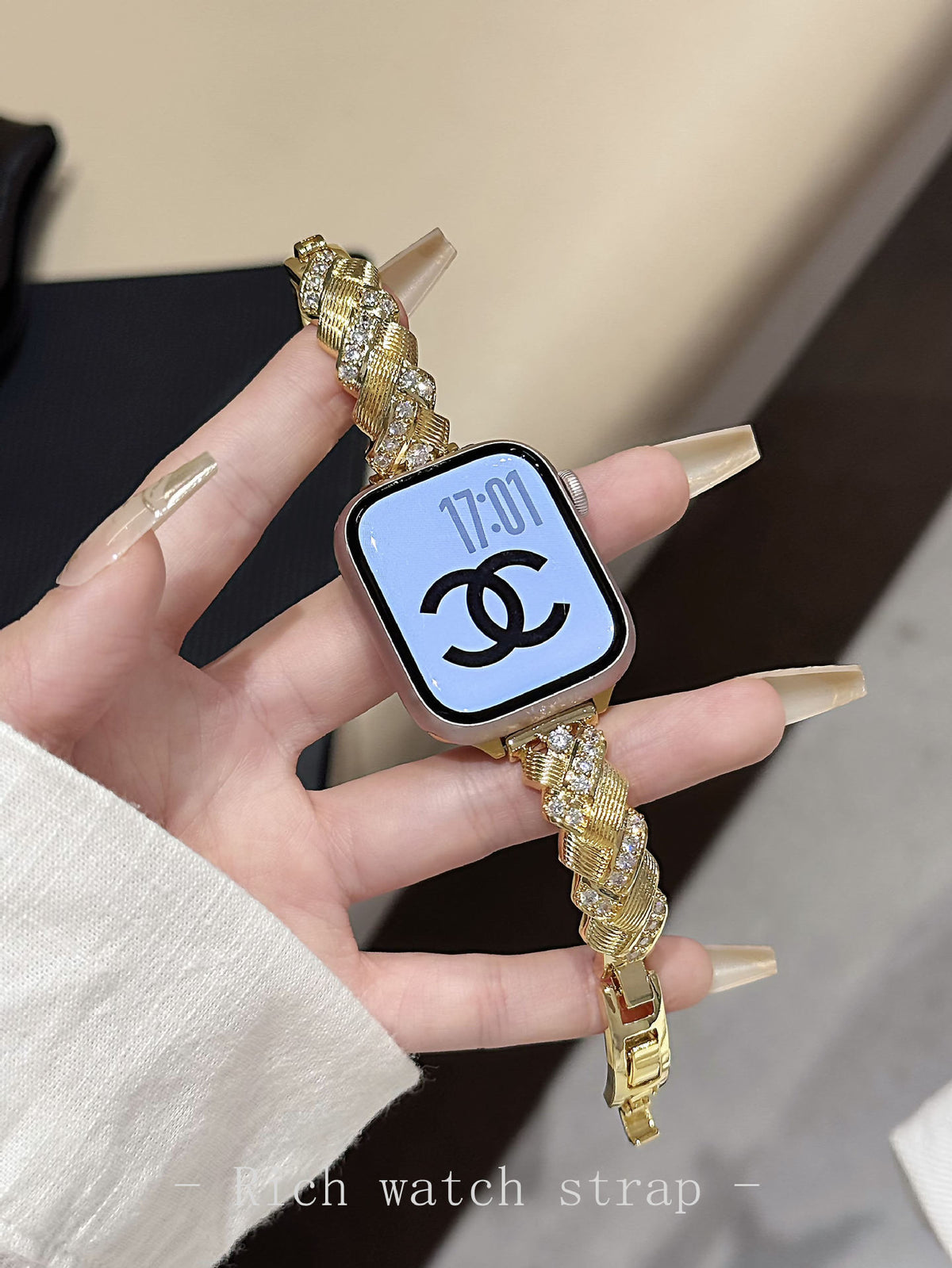 Diamond-encrusted wheat spike metal watch band for Apple Watch, designed for women, by eprolo.