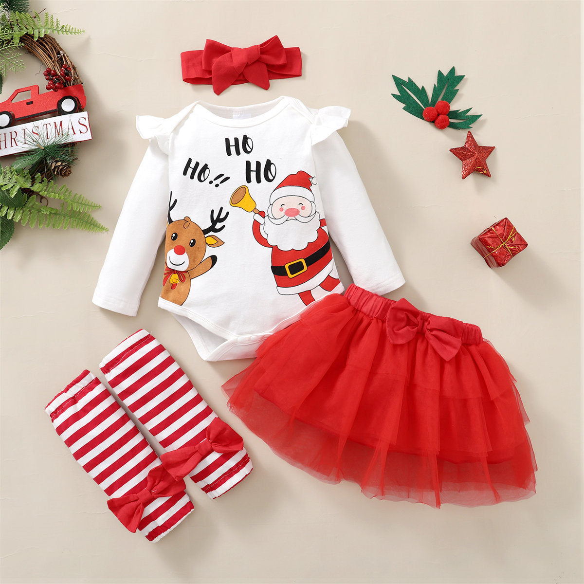 Girls' Christmas dress set by eprolo featuring a festive red and white holiday-themed outfit with a bow and ruffle details.