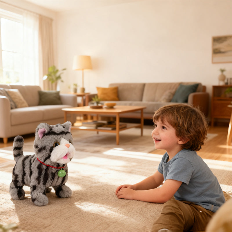 Realistic electronic cat toy by eprolo with walking and barking actions to entertain and keep your pet active.