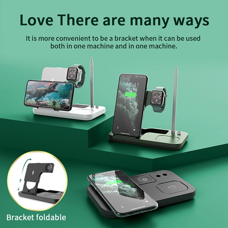 eprolo 15W fast charge 4-in-1 Qi wireless charger dock station for iPhone 11/12 Pro Max, Apple Watch, and AirPods Pro.