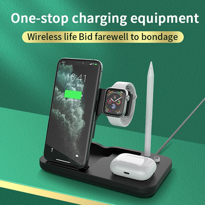 eprolo 15W fast charge 4-in-1 Qi wireless charger dock station for iPhone 12, Apple Watch, AirPods Pro, on a sleek charging stand
