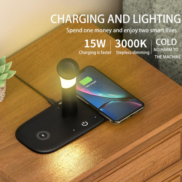 Eprolo 15W Qi fast wireless charging dock station with light lamp for iPhone, Apple Watch, AirPods Pro, and iPhone 12 series.
