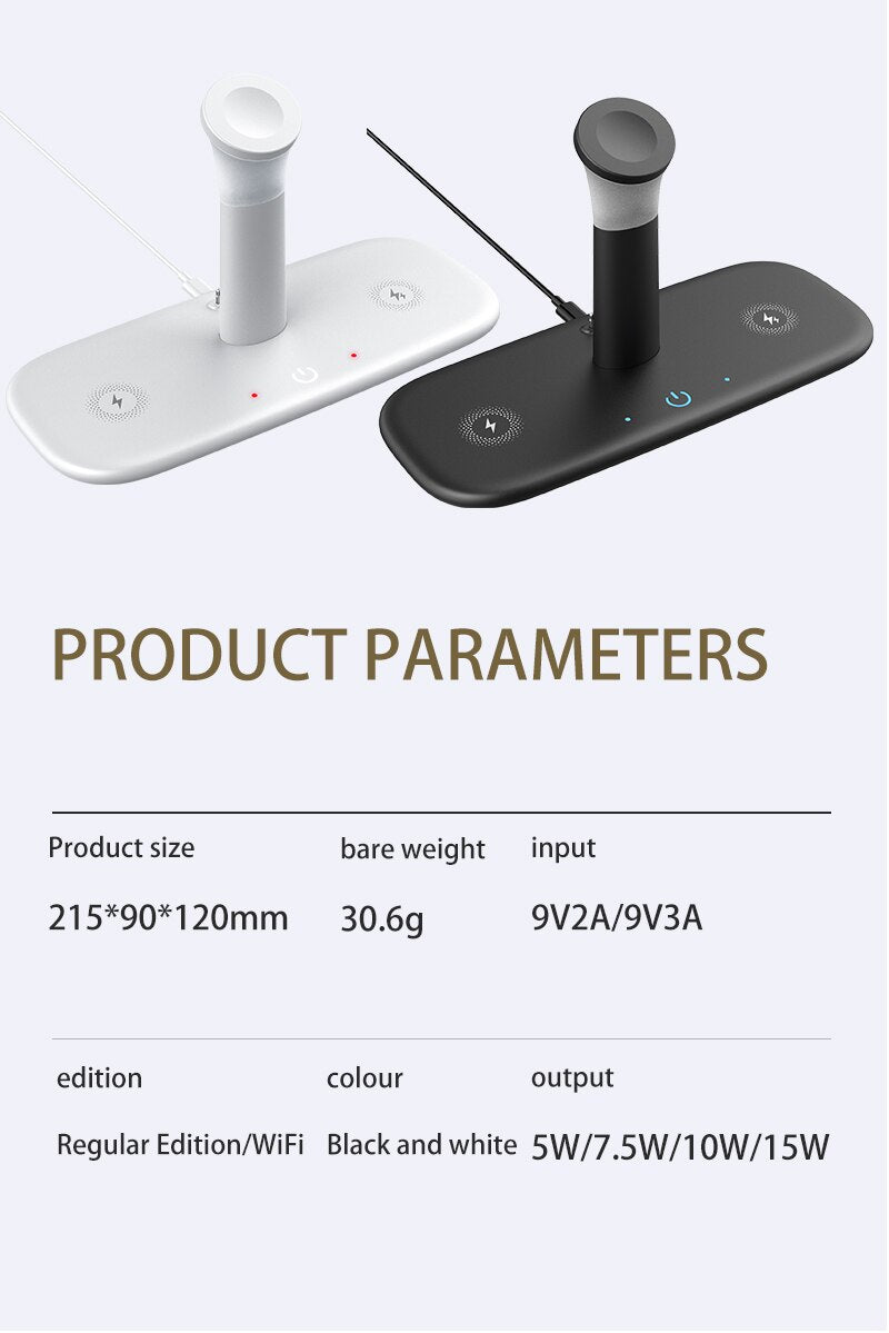 Eprolo 15W Qi wireless charger dock station with light lamp for iPhone 12, 11, XR, X, iWatch, AirPods Pro, and Apple Watch.