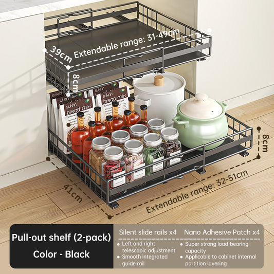 No drill pull out spice rack by eprolo with adjustable slide-out shelves in a kitchen cabinet. Two-pack shown.