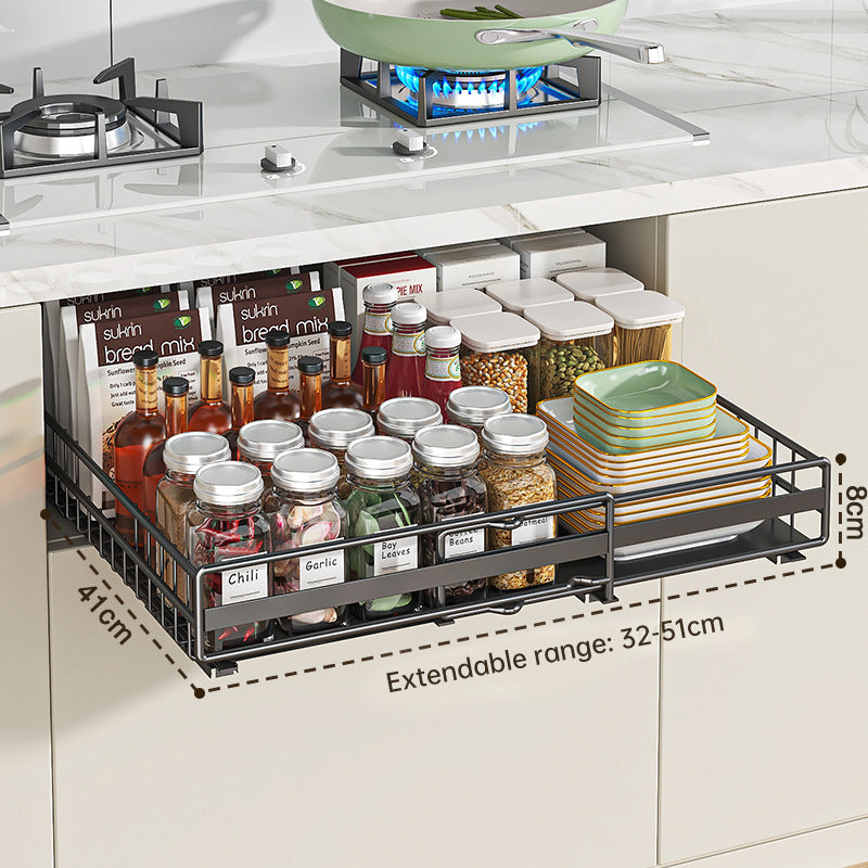 Two eprolo no drill pull-out spice racks with adjustable slide-out shelves for kitchen cabinet organization, shown installed in cabinets.