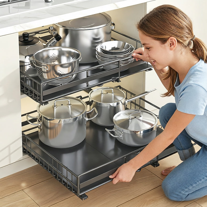 eprolo no drill pull out spice rack with adjustable slide-out shelves for kitchen cabinets, shown in a modern kitchen setting