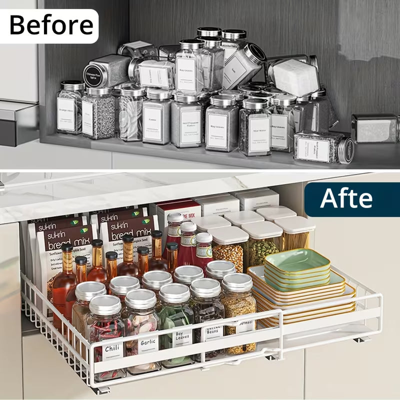 Eprolo no drill pull out spice rack with adjustable slide-out shelf for kitchen cabinets, shown installed and filled with spices.