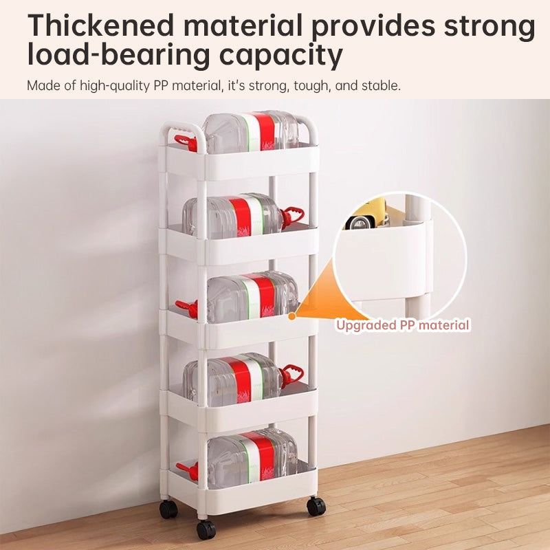 Eprolo multi-layer wheeled utility cart with multiple shelves for home, kitchen, or bathroom storage, holding snacks and books.