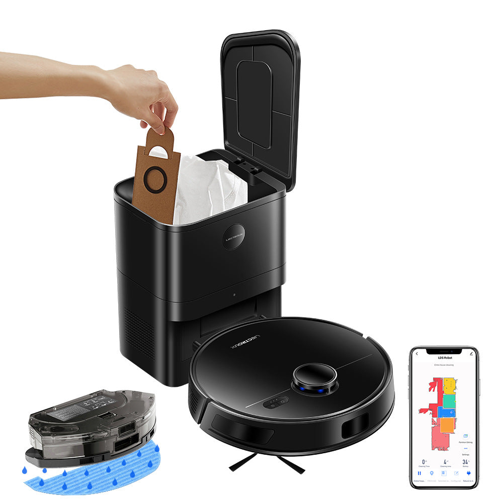 Eprolo intelligent 3-in-1 vacuum cleaner with automatic dust collection, washing, sweeping, and mopping functions, shown in action.