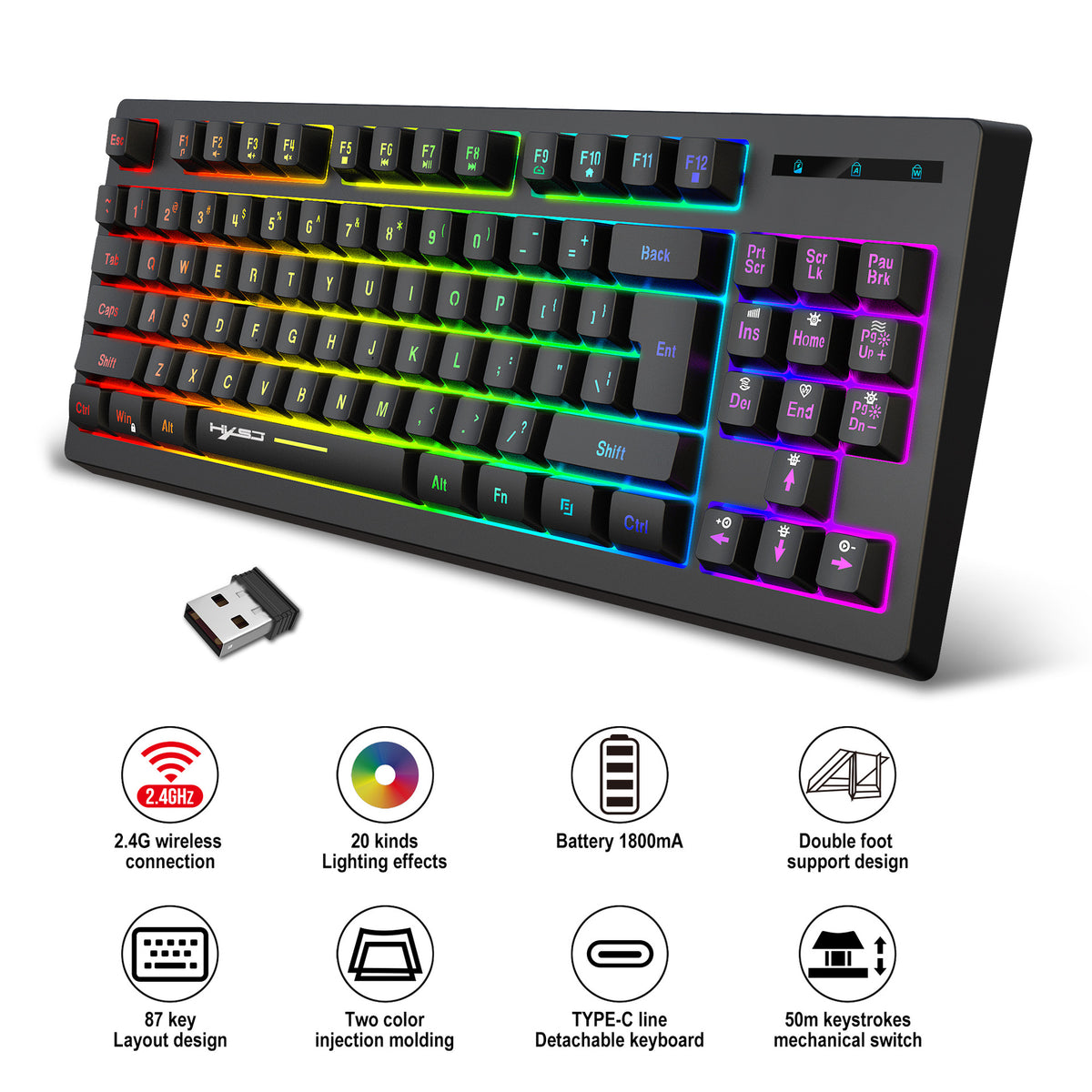 87 key wireless 2.4G film keyboard RGB backlit wireless keyboard - American Smart