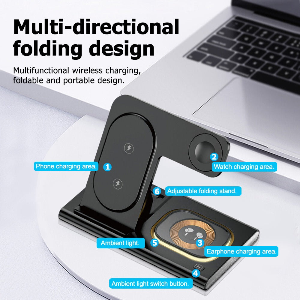eprolo 3-in-1 wireless charger supporting fast charging for smartphones, smartwatches, and earbuds, multifunctional charging station