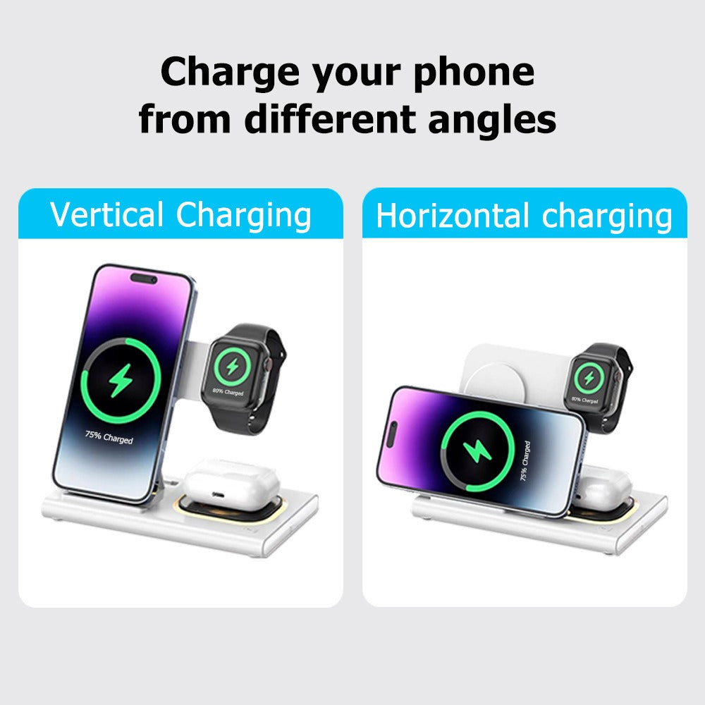 Eprolo 3-in-1 wireless charger supporting fast charging for smartphones, smartwatch, and wireless earbuds on a sleek surface.