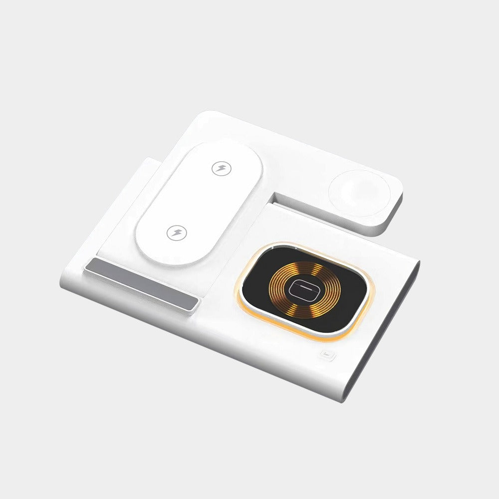 Eprolo 3-in-1 wireless charger supporting fast charging and multifunctional device charging, shown with charging pads and devices.