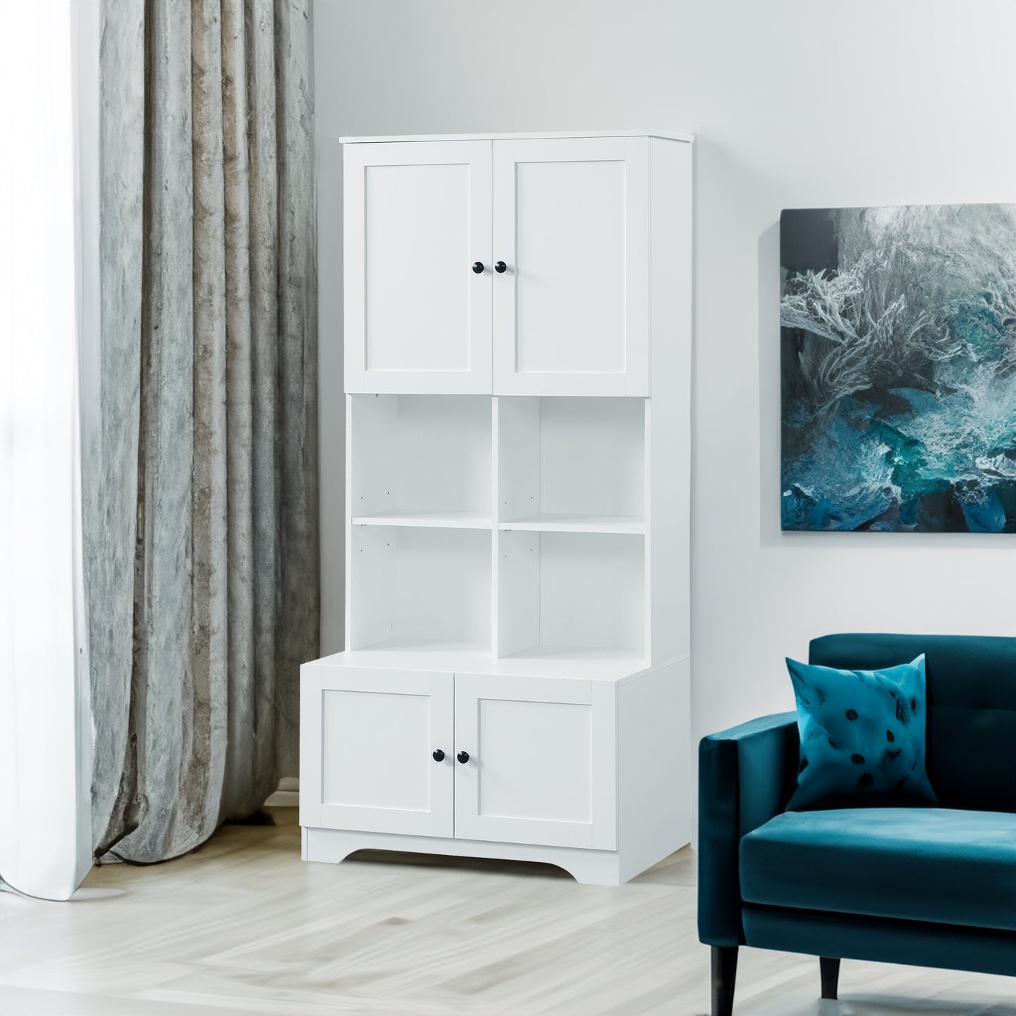 Bathroom storage cabinet, 4-door independent cabinet, adjustable shelf, open multi-layer shelf, white - American Smart