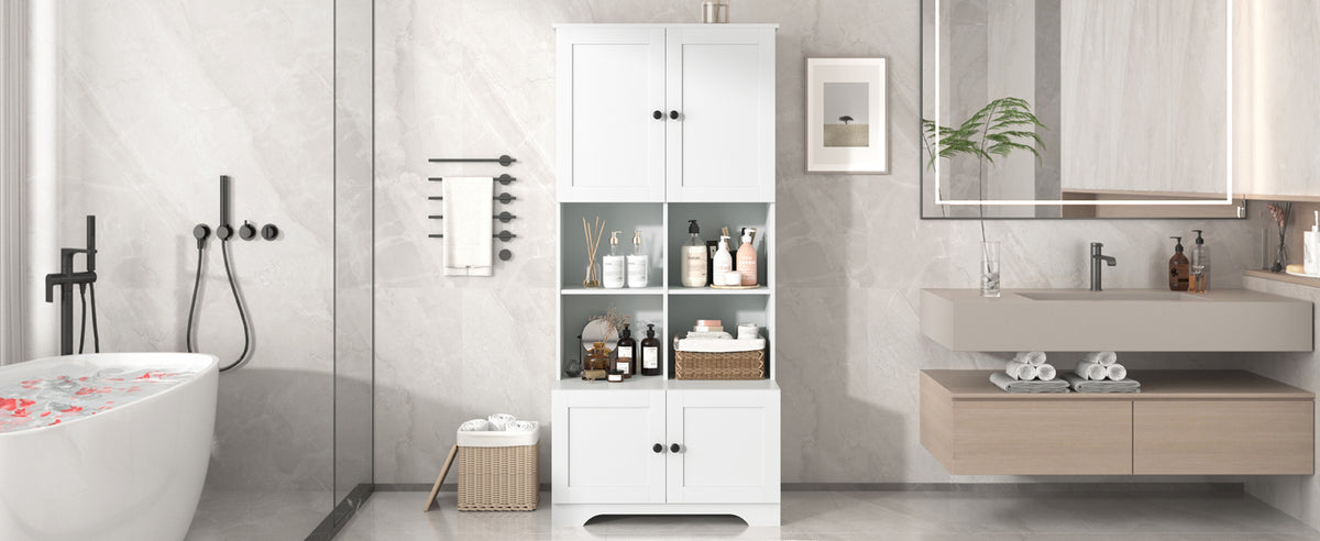 Bathroom storage cabinet, 4-door independent cabinet, adjustable shelf, open multi-layer shelf, white - American Smart