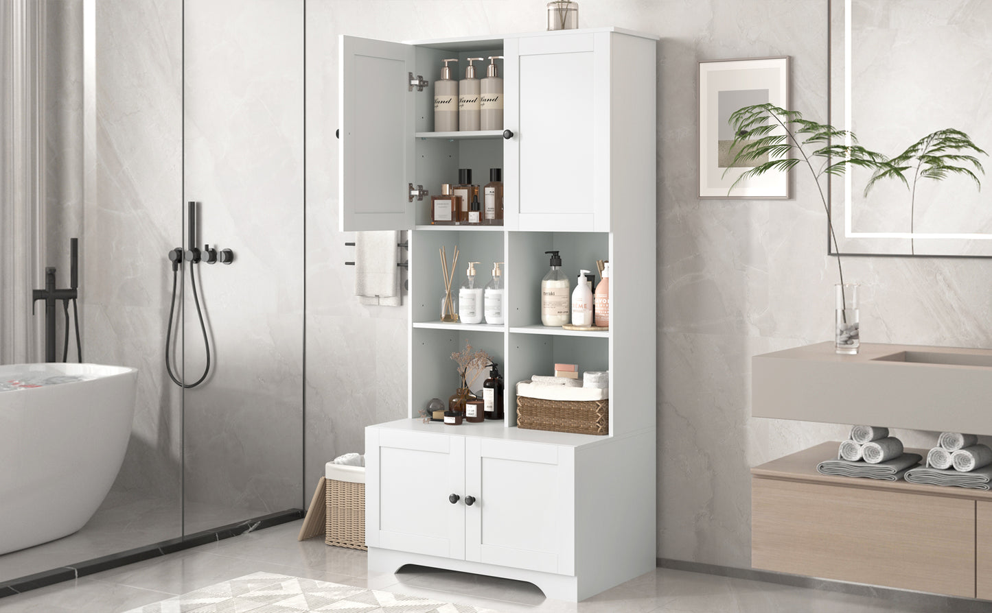 Bathroom storage cabinet, 4-door independent cabinet, adjustable shelf, open multi-layer shelf, white - American Smart